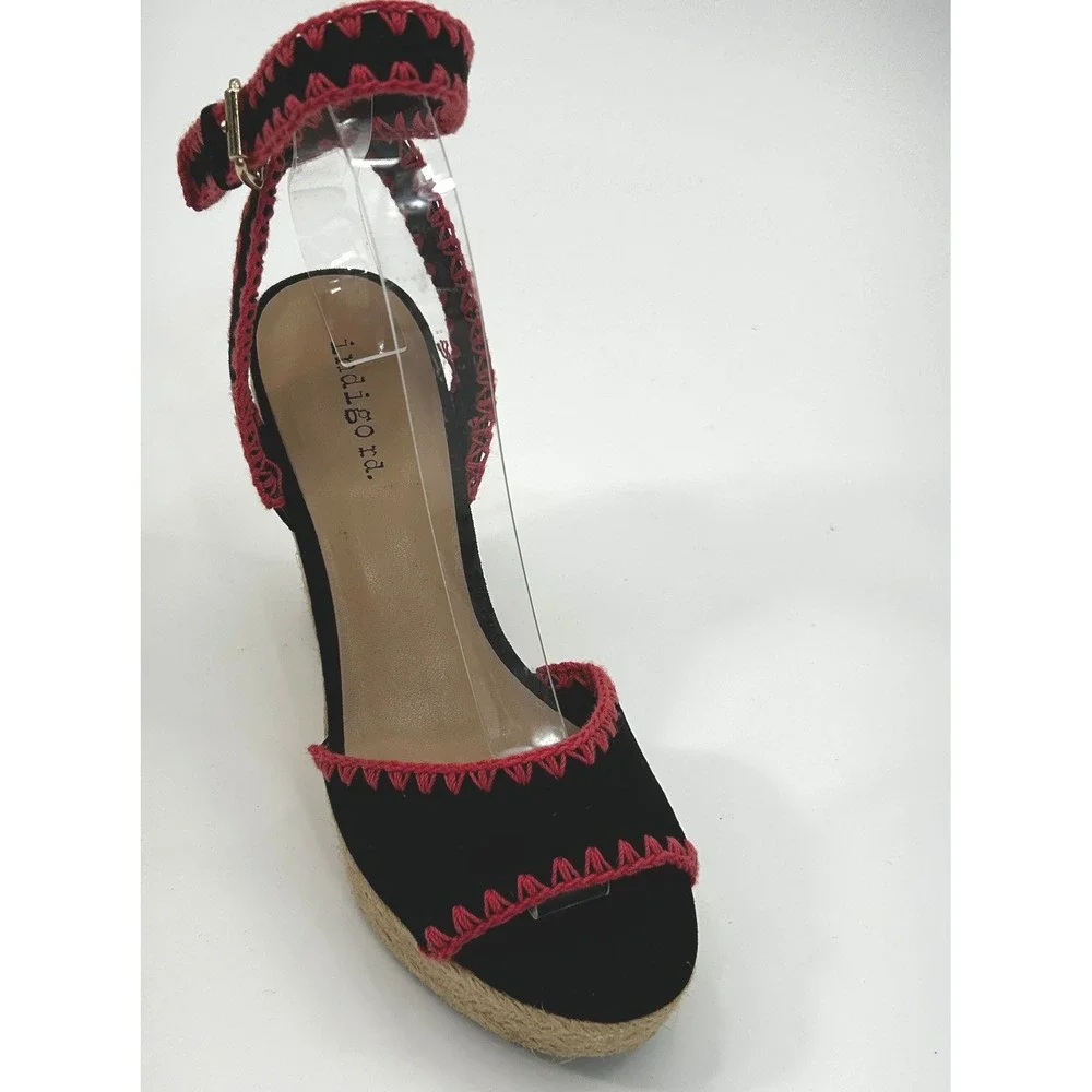 Indigo Rd Womens Black Pink Embroidered Espadrille Wedge Sandals Size 6